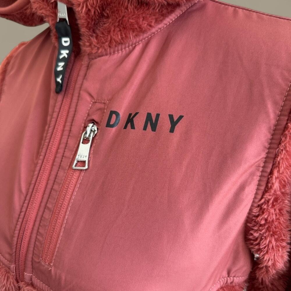DKNY Sport Girls Faux Fur Hoodie Jacket L 14/16 Coral Rust Zip Front Sherpa - Picture 5 of 9